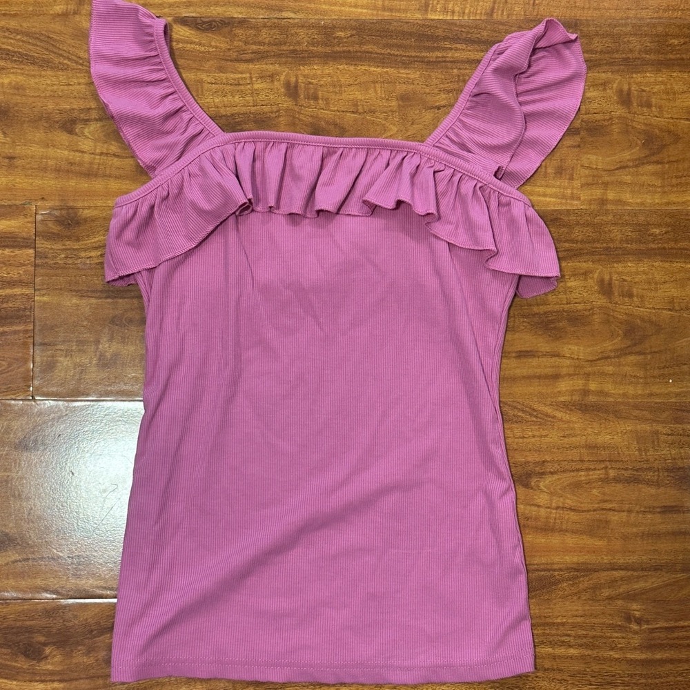 Summer Top Tank Pink Sleeveless Ruffle Straps Ribbed Feminine Womens Size Small